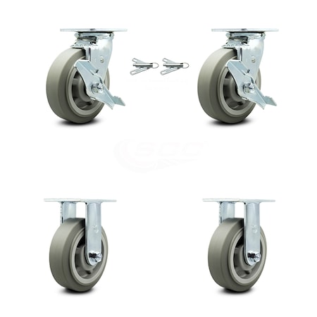 Service Caster 6 Inch Thermoplastic Rubber Caster Set with 2 Brakes/Swivel Lock 2 Rigid SCC SCC-30CS620-TPRBF-TLB-BSL-2-R-2